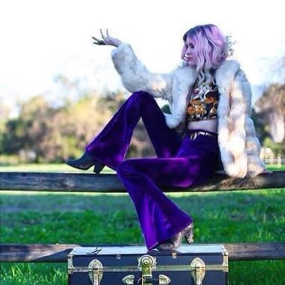 New S Small Home Cooked Karma Velvet Flare Pants High Rise 70’s Purple Woodstock - Picture 2 of 7